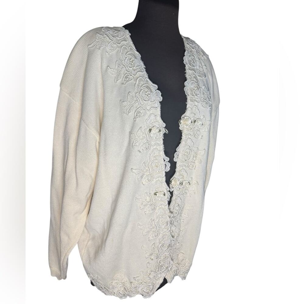 Vtg Floral Applique Oversized Sweater Cardigan Womens Size L Coquette Romantic